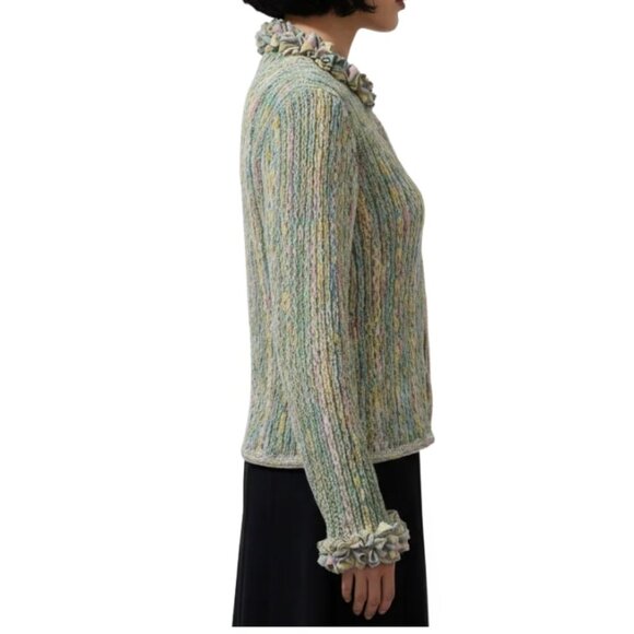 Cici Bianca Cardigan Sweater Ruffled Neckline Art to Wear Handwoven Small/Medium - Picture 4 of 11